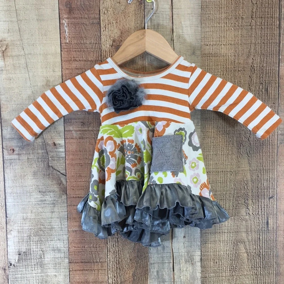 Giggle Moon Orange Gray Striped Floral Ruffle Dress Baby 6M Long Sleeve - Picture 1 of 11
